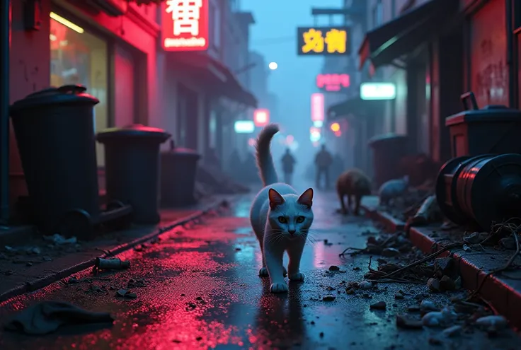 A neon-lit, deserted street at night, a closeup of a walking white cat, trash cans, overturned trash cans, a pack of rats in distance, a stray dog, (best quality,4k,8k,highres,masterpiece:1.2),ultra-detailed,(realistic,photorealistic,photo-realistic:1.37),...