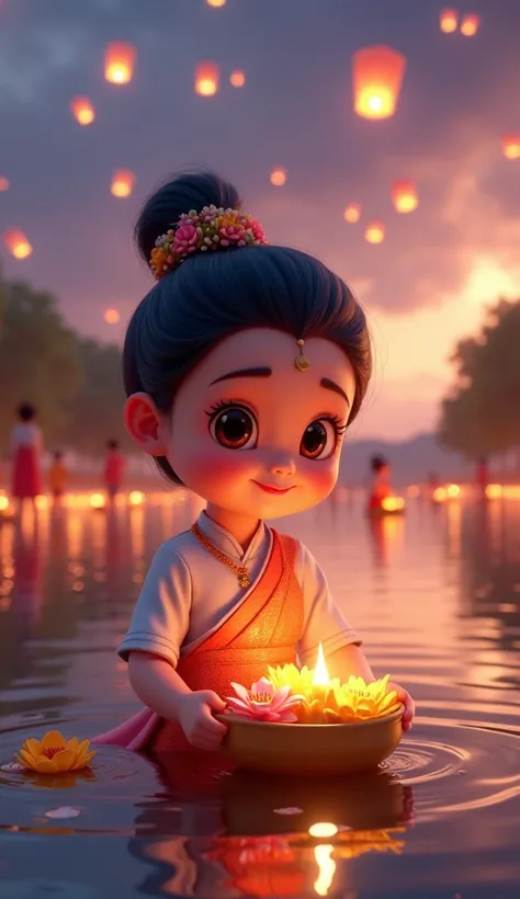 The cartoon animation 3d image on Loy Krathong day shows a young girl wearing traditional Thai clothing, holding a flower krathong. The background features a river and the Loy Krathong festival, with krathongs floating in the water. There are people attend...