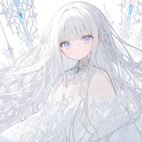 Transparent watercolor、 1 girl、Jewel Eyes、  with an adult-like face ,  Silver Hair(( long hair)), 髪にかわいいwhiteい花、Pretty long bangs ,  stylishly designed clothes ((white)), The background is simple、小さなwhiteい花の髪飾り、  Transparent Dresses 、Fluffy Dress、whiteいフリル...