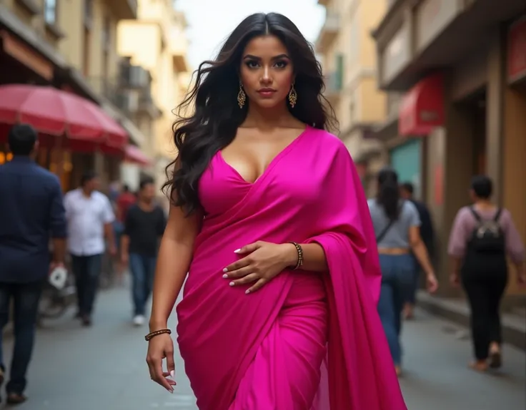 hot pink saree, showing clevage, big size boobs, beautiful eyes, showing navel, full body, on road , hot figuer , girl