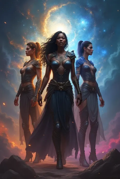  Three warriors  , Lyra a black woman ,  Kael and Mira united in a cosmic landscape that perfectly embodies the roles of warrior, , strategist and keeper of balance , , each with a unique aura that represents her strength and her place in the universe .

