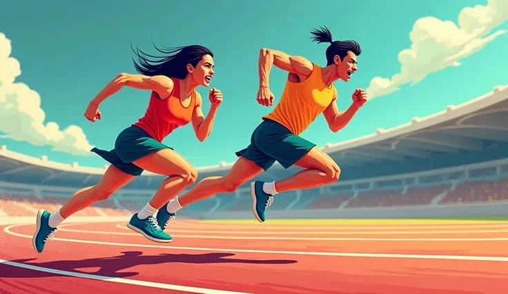 Draw a picture in digital art and comic book style of a person participating in a running race and running hard, the second person is among the participants, one person is ahead of him and he is trying hard to overtake the first person. But the first perso...