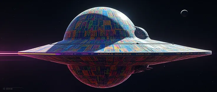 Death star with giant futuristic rifle barrel at the barrel, covered in rainbow batik pattern and glowing rainbow rune symbols