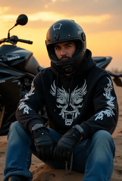  Realistic close-up photo , biker, brutal, pumped up,  motorcycle wearing an Icon Airframe Pro Construct ,  black long-sleeved hoodie covered with a white pattern, in black gloves,  in worn blue jeans , with chains on his jeans belt ,  sits in the sand nex...