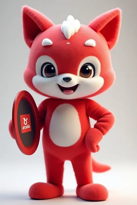  Human-shaped mascot in a red and white costume, holding a shield with the logo  "ARCADIA" in his hand,  with a cheerful and inspiring expression 