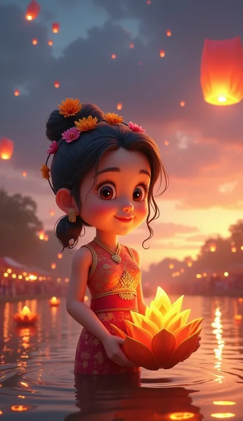 The cartoon animation 3d image on Loy Krathong day shows a young girl wearing Thai dress, holding a flower krathong. The background features a river and the Loy Krathong festival, with krathongs floating in the water. There are people attending the event, ...