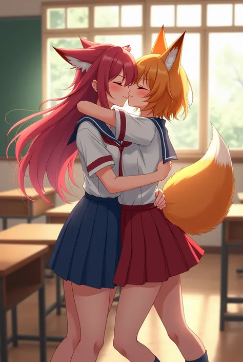 Anime fox girl with Japanese uniform have medium breast is kissing her brother in class at noon