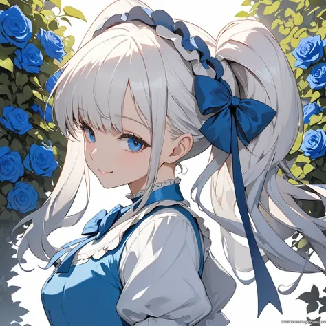 (masterpiece),(highly detailed CG,ultra-detailliert,best Shadow:1.3),(perfect anatomy),(beautiful and luxurious:1.2),(alice in the wonderland),Standing in a garden full of blue roses,(1 girl),(solo),((arms behind back)),(Beautiful silky white hair:1.2),blu...