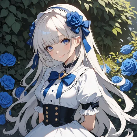 (masterpiece),(highly detailed CG,ultra-detailliert,best Shadow:1.3),(perfect anatomy),(beautiful and luxurious:1.2),(alice in the wonderland),Standing in a garden full of blue roses,(1 girl),(solo),((arms behind back)),(Beautiful silky white hair:1.2),blu...