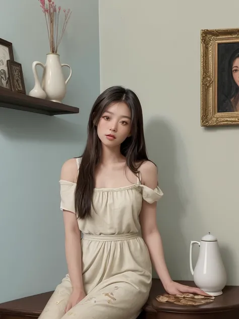 An Asian woman with straight, long brown hair sits on a bed. She faces the viewer, her left arm resting on her hip. Her right arm rests on her right shoulder, her left hand resting on the bed. The background is a plain cream-blue wall with the text Yosakar...