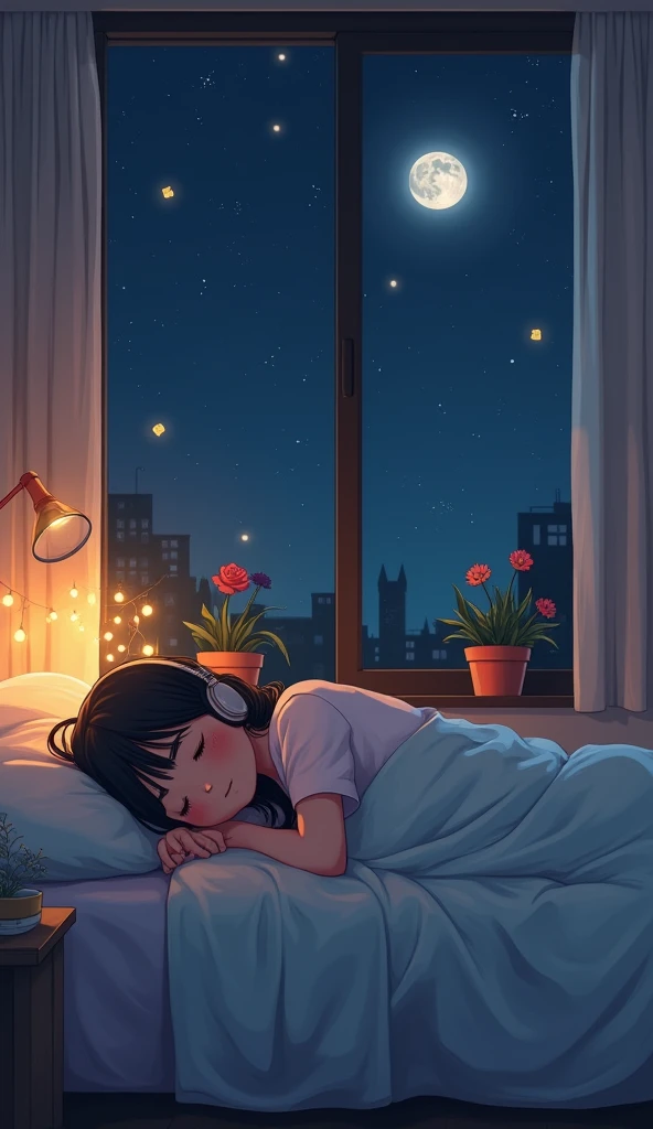 A cozy, lofi-themed bedroom scene with a serene night atmosphere, set in a 16:9 aspect ratio. A young girl lies comfortably in bed, listening to music through headphones as she peacefully drifts off to sleep. The room is softly lit with warm lighting, feat...