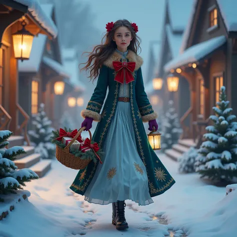 A stunning realistic photo of a teenager girl gracefully strolling through a serene snow-covered village at night. She is dressed in an elegant and intricately detailed dark teal coat, featuring gold embroidery, fur trim, and a striking crimson bow at the ...