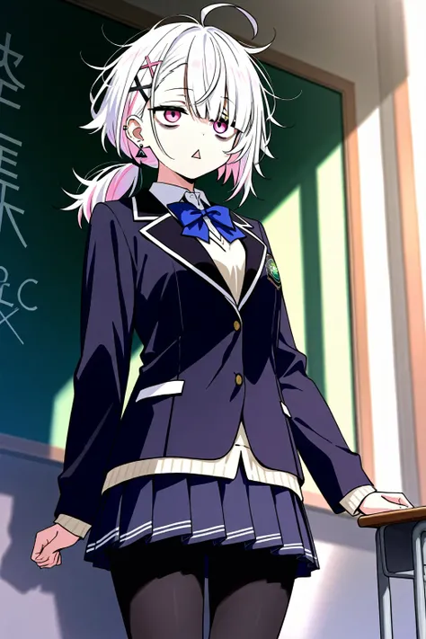  high image quality
 1 high school girl,  Pink Eyes、White Hair、 shortcut,   low ponytail 、   earrings for one woman,  Ahoge,   asymmetrical bangs ,  x-shaped hair ornament,   dark circles under eyes、 Black Pantyhose 、vigil、Background white、front、Messy Hair...