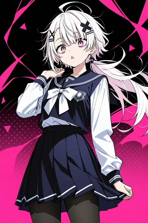  high image quality
 1 high school girl,  Pink Eyes、White Hair、 shortcut,   low ponytail 、   earrings for one woman,  Ahoge,   asymmetrical bangs ,  x-shaped hair ornament,   dark circles under eyes、 Black Pantyhose 、vigil、Background white、front、Messy Hair...