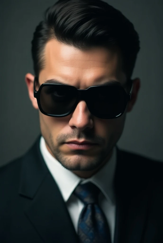 Close-up of a mysterious man in a suit and sunglasses, looking calm.