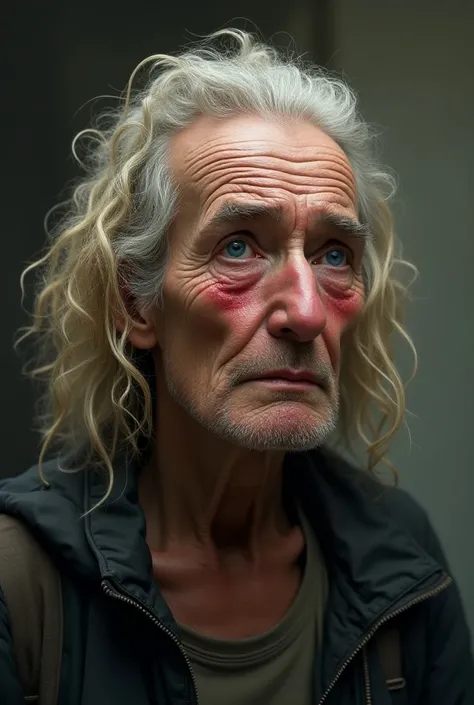 Create a blonde with blue eyes of a homeless non-young , long curly hair but collected, dressed simply , expression on the face of sadness lips red , background neutral 