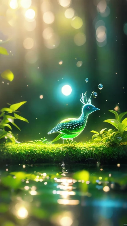 masterpiece, Macro photo of a bird drinking water in the forest,  evening ,  mushroom , Dew drops,  high contrast, Ghibli style, Very complex,  several people having fun with each other while having very detailed ,  photorealistic style 