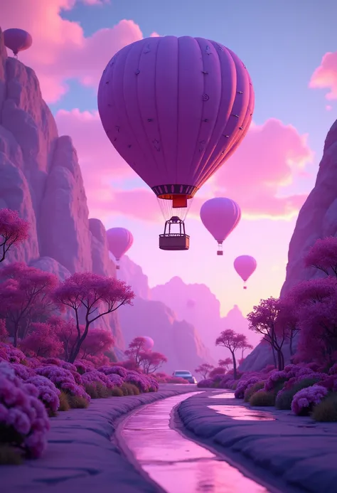  object arrangement : Hot air balloons float in the sky 々 layers, 、 scene 。 pink is emphasized in the foreground 、 small things are placed in the background 、gives a sense of depth。  The main object or feature at the center of the image :  The hot air ball...