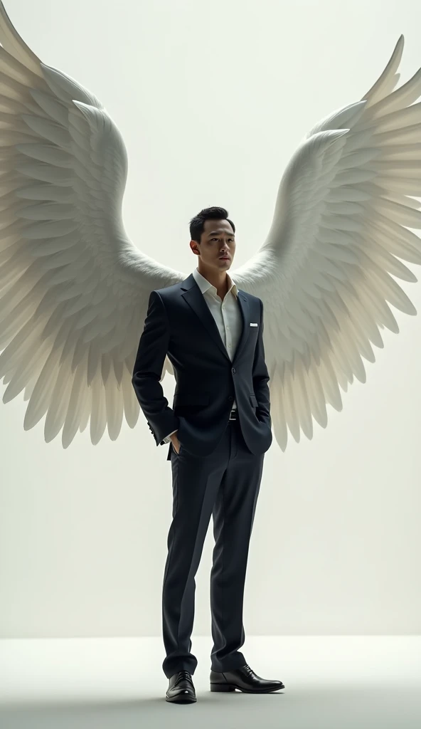 show full body  asian male Japanese, so manly,slim body, tallish ,Show 2 leg details,wear Business Suit, 
big beatiful white wings angel . 