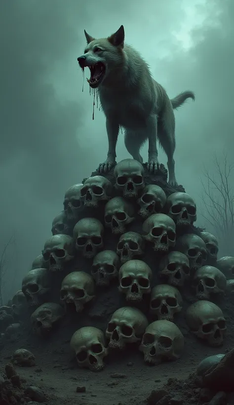 In a dark, eerie landscape, a rabid dog stands atop a towering pile of human skulls, its mouth open in a fierce snarl. The dogs fur is matted and wild, with foam dripping from its mouth, and its eyes are filled with aggression. Surrounding it, additional p...