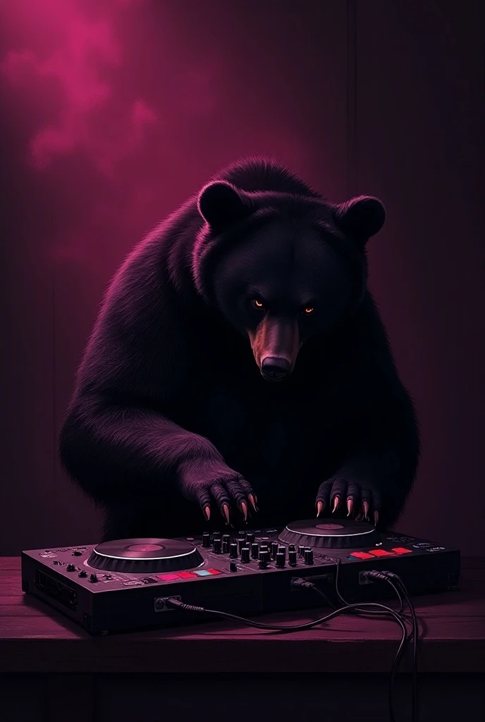 House music CD album cover with grumpy and clever vibes, featuring dark magenta black bear playing drum machine. The title reads Black Magenta