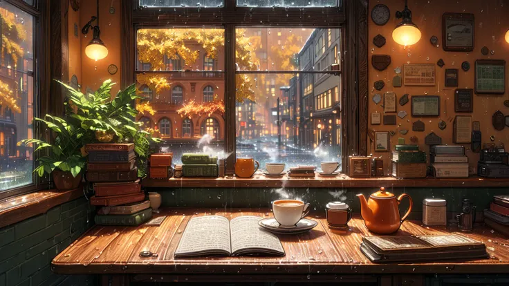 ((Anime:1.4,Illustration)),(masterpiece, Best Quality, Best Quality),(Super detailed,  Hi-Res),((16k, high res)), (((Relaxing cafe interior , Rainy Day, Comfortable chair, Books,  soft, Large window with raindrops in it ,  a cup of tea or coffee with steam...