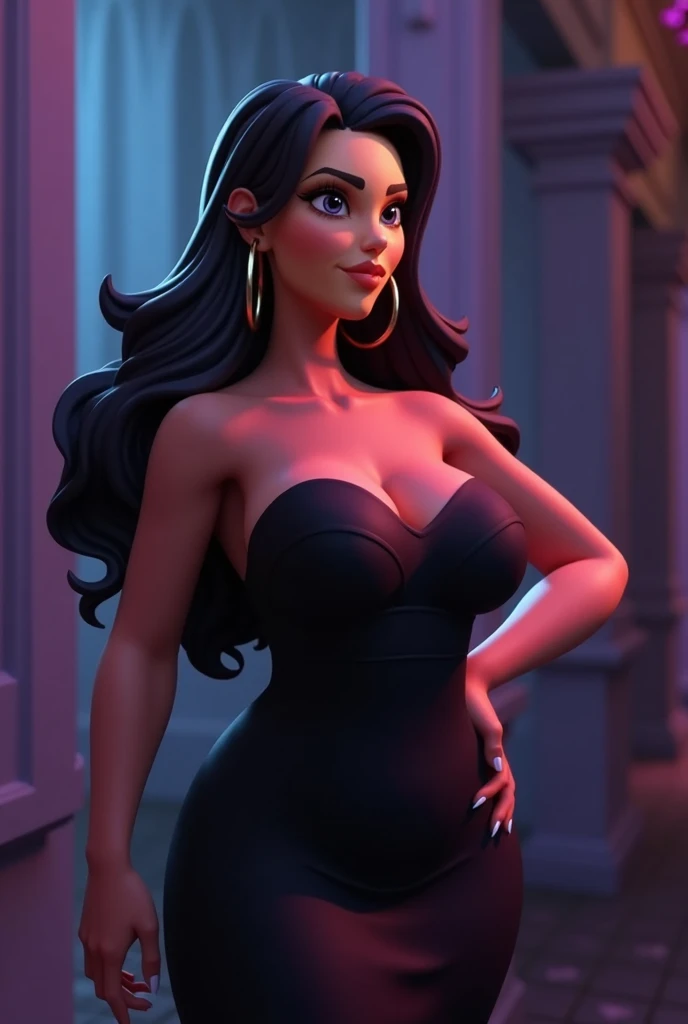 Fortnite 3D animation style plus size female character wearing a black strapless empire waist dress, big breasts, long dark hair, hoop earrings, shy expression, side pose, dark background 