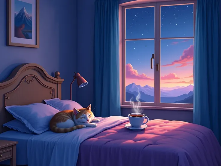 a cat sleeping on a bed in a cozy bedroom, cup of tea with steam, pillow, window with beautiful landscape, lots of stuff, night sky, stars, masterpiece, blue, purple and pink