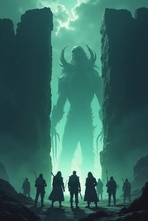 A huge door leading to hell,  a group of adventurers seen from behind, It&#39;s dark, The sky is magical ,  a colossal monster silhouette is visible inside the door