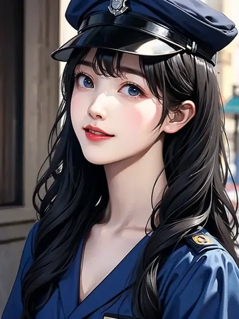  portrait , Realistic,  Elegant Women ,  blue eyes,  shiny dark hair 、smile、( cosplay、Police Officer、Police hat、In front of the police box、Navy blue uniform)、4K resolution、 High Quality CG、Beautiful CG、Soft light