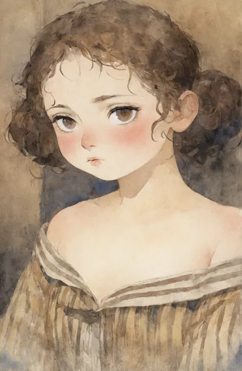 1 girl, little fat, No expression, half open eyes, brown eyes, portrait, forehead, black curly short hair, low twintails hair, indoor, 1920s striped classic clothes, open clothes, topless, medium tits, midnight, dark living room, shy, looking away, Pierre ...