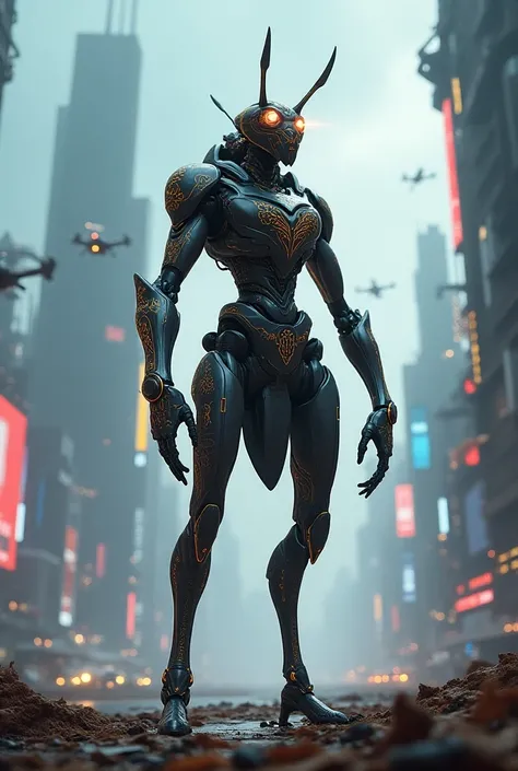 Ant standing on two feet wearing god armour in the futuristic world