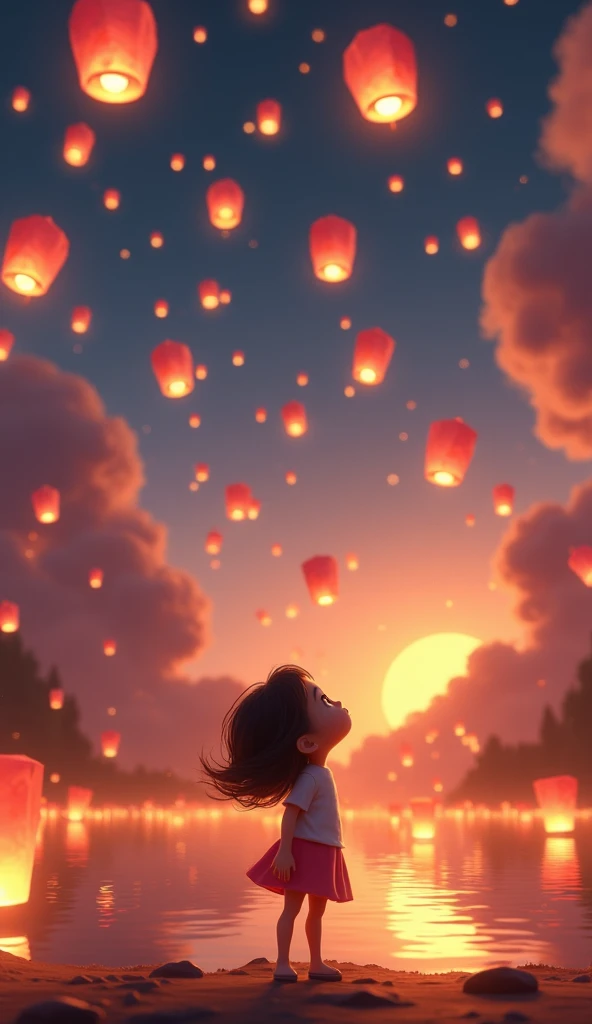 The cartoon animation 3d image of the young girl standing and looking at the floating lanterns in the sky, with the background showing the lanterns and the Loy Krathong festivities. 