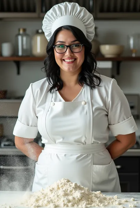  Woman with black hair up to her shoulders , glasses with square frame ,  dressed in white chefs apron and white kitchen hat,  dropping white flour on her large breasts , with a kitchen background