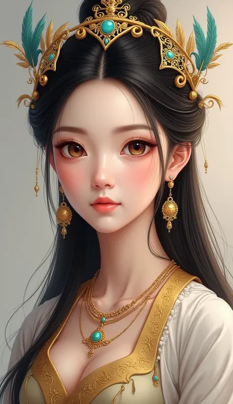 "Create a realistic portrait of a princess from the ancient Vietnamese kingdoms of Văn Lang and Âu Lạc. She has a graceful and gentle appearance with smooth skin, expressive brown eyes, and long, dark hair. She wears a traditional headdress adorned with go...