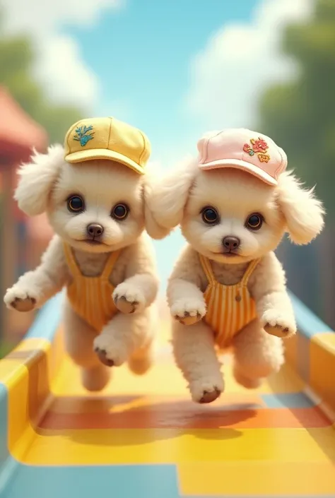 Twin boys and girls who are chimera humans and toy poodles 、The color of her body hair is white 、Eye color is gold、 are wearing cap hats with cute appliques on their heads and wearing yellow and white striped overalls and gliding on a slide