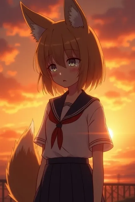 Anime fox girl with Japanese uniform have medium breast is crying in sunset because of the lovelorn 