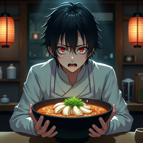 jirou_(ramen) ,A vampire shedding tears in front of garlic-covered ramen