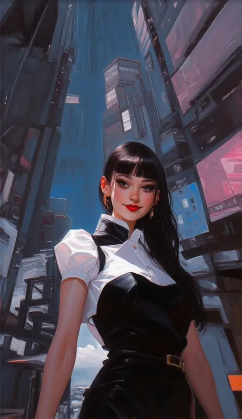 beautiful cyber girl standing in a futuristic city, wearing black dress with white top,wide low angle shot, dark eyebrows and ey...