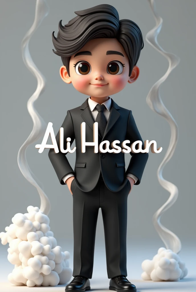 Create a 3D image of  Pakistan cute boy wearing a black suit that says "Ali Hassan" white smoke artistically