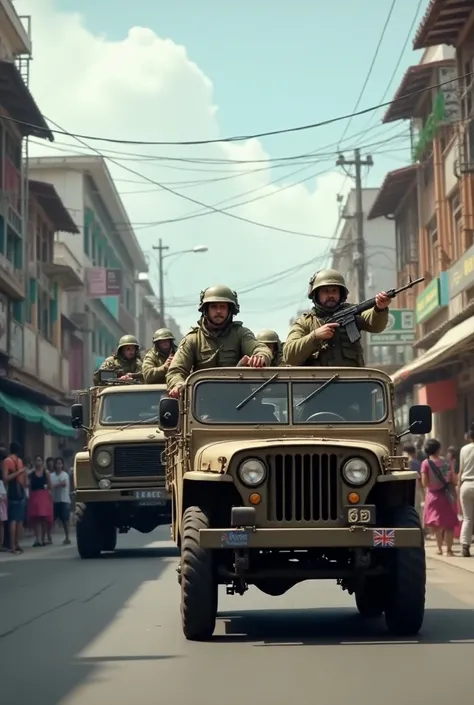 image of a British flagged jeep while convoying with a truck containing soldiers in Surabaya