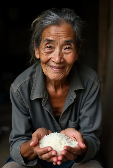 photography of a 90 year old Indonesian sundaness grandmother dressed in shabby clothes offering fresh rice
,while smiling with sparkling eyes, only one tooth left