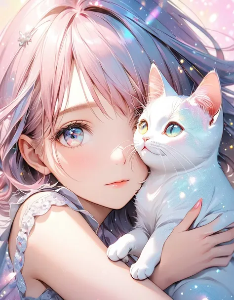 best quality, super fine, masterpiece, girl with cat,  gentle image effect with glitter in pastel colors