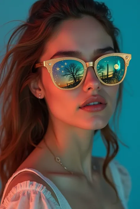 The model is wearing glass sunglasses with stars and the moon on the glass