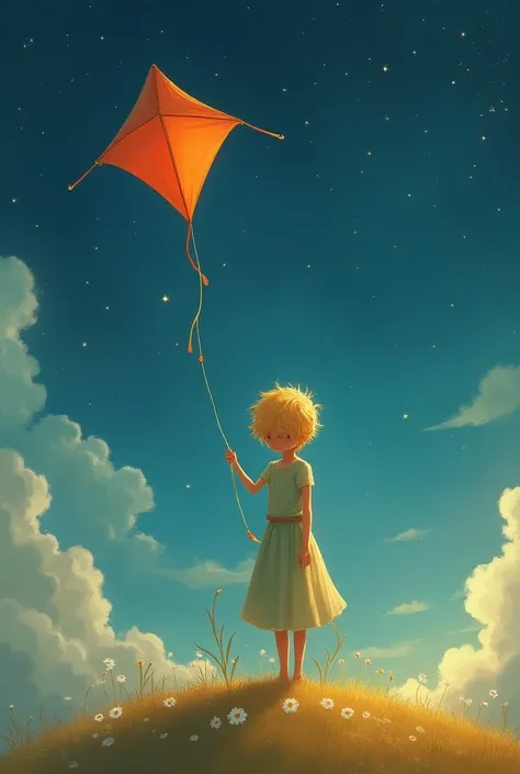 The Little Prince stands with a kite ready to fly or gazes at the distant stars with like wonder. This captures the essence of curiosity and the s way of seeing the world with boundless questions and imagination.