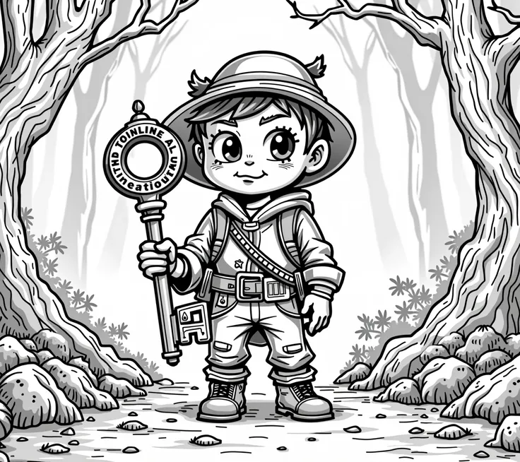 Coloring page with a simple full-length drawing of a mischievous-faced seven-year-old boy, dressed as an explorer, holding a big ancient key with inscriptions, in an enchanted forest, single boy concept art, HD line drawing from Behance, Official character...