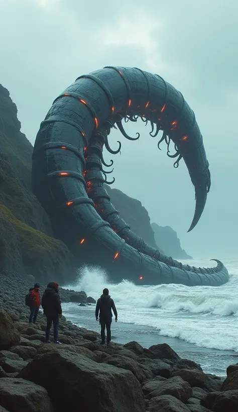 "Create a realistic image of a massive, alien-like sea creature washed up on a rocky shore. The creature should have a long, elongated body with a segmented, dark exoskeleton. Add glowing red-orange patterns and highlights along its body, giving it an othe...