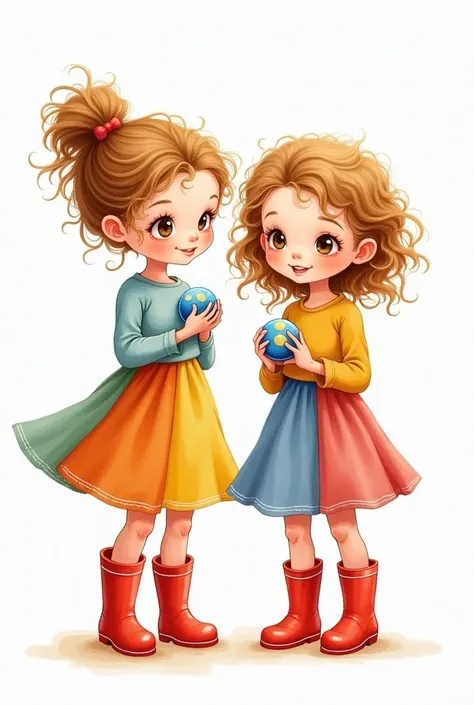  dark blond curly haired girls.  girls should wear colorful skirts and red rain boots . Generate a minimalistic and simple illustration of a girl with blue jolos on her hands 、 illustrations should be soft and detailed ,  as if created with colored pencils...