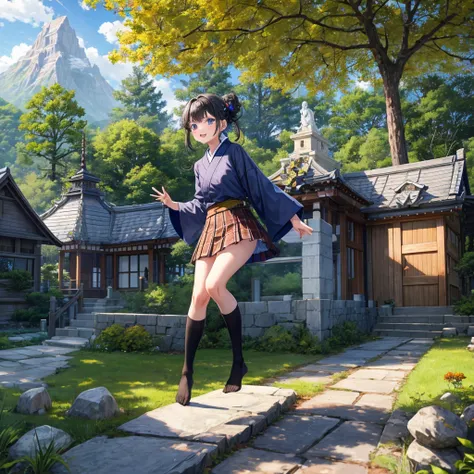 Chestnut Hair、 blue eyes、Hair tied up、Two cute、 plaid mini skirt 、 BLACK T-SHIRT、 Long Sleeve 、kimono、striped high socks、Teeth are visible、lawn、The stone is cracked、Uneven ground、The road is curved、View from above、Large autumn tree、Mountain々、 fence、isolate...