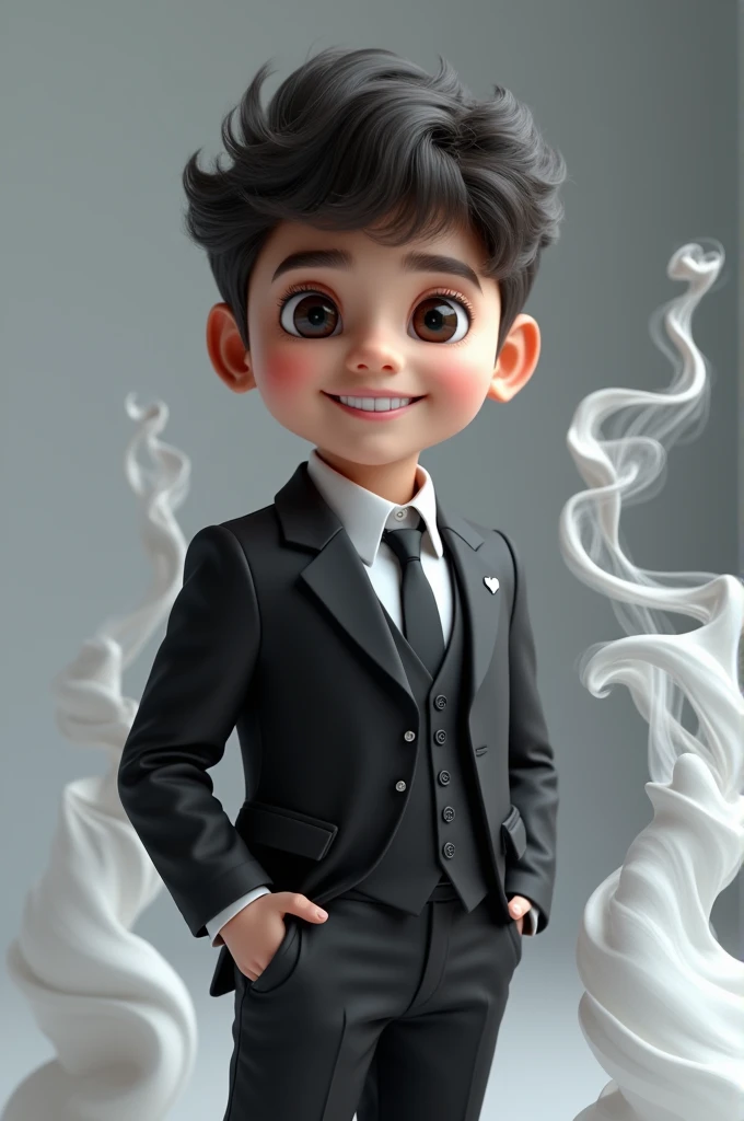 Create a 3D image of  Pakistan cute boy wearing a black suit that says "Ali Hassan" white smoke artistically